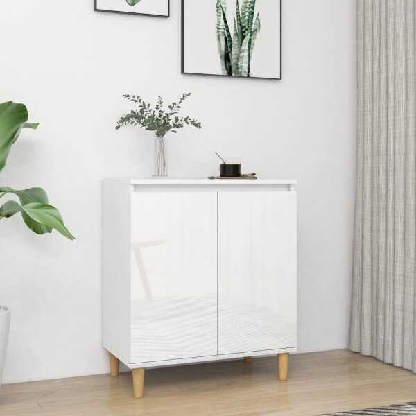 vidaXL Sideboard mit Massivholz-Beinen Hochglanz-Wei&szlig; 60x35x70 cm