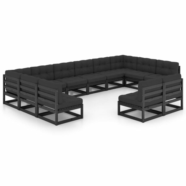 vidaXL 12-tlg. Garten-Lounge-Set mit Kissen Schwarz Kiefer Massivholz