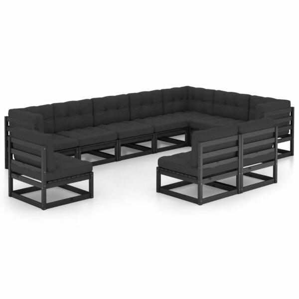 vidaXL 10-tlg. Garten-Lounge-Set mit Kissen Schwarz Kiefer Massivholz