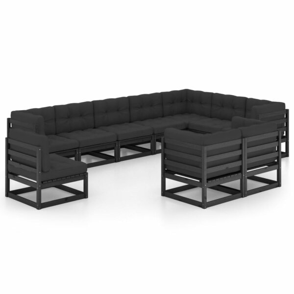 vidaXL 10-tlg. Garten-Lounge-Set mit Kissen Schwarz Kiefer Massivholz