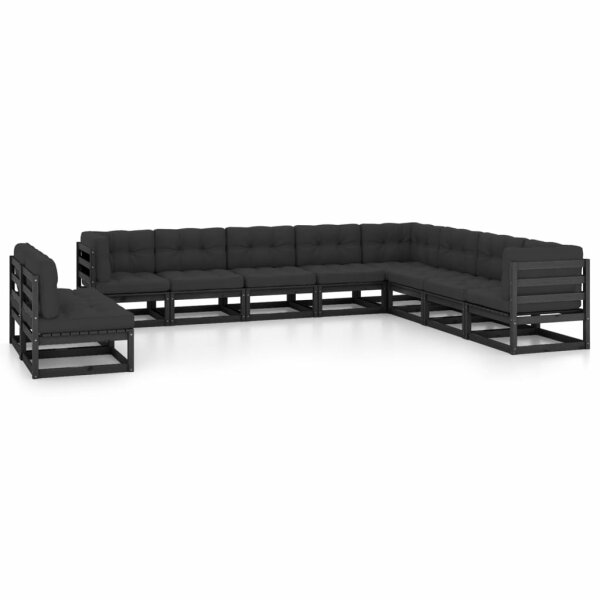 vidaXL 10-tlg. Garten-Lounge-Set mit Kissen Schwarz Kiefer Massivholz