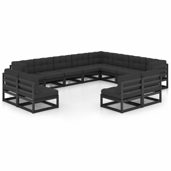 vidaXL 12-tlg. Garten-Lounge-Set mit Kissen Schwarz Kiefer Massivholz