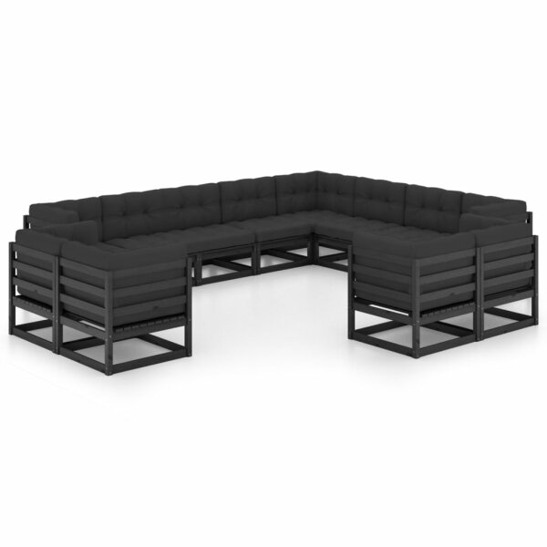 vidaXL 12-tlg. Garten-Lounge-Set mit Kissen Schwarz Kiefer Massivholz