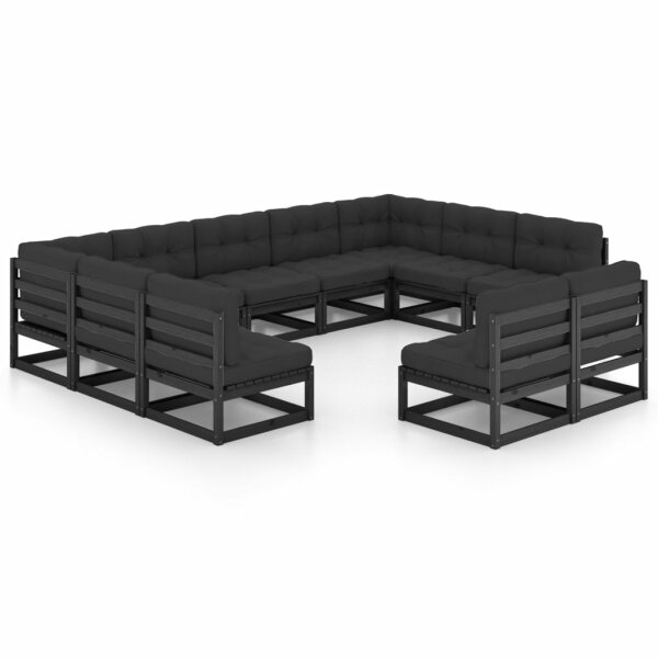 vidaXL 11-tlg. Garten-Lounge-Set mit Kissen Schwarz Massivholz Kiefer