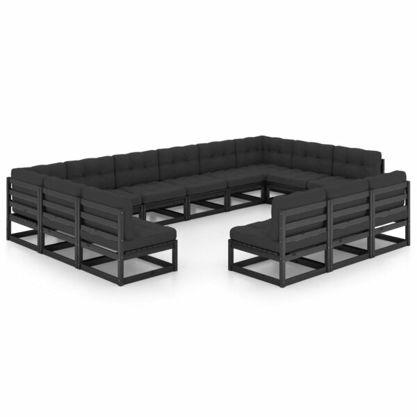 vidaXL 13-tlg. Garten-Lounge-Set mit Kissen Schwarz Massivholz Kiefer