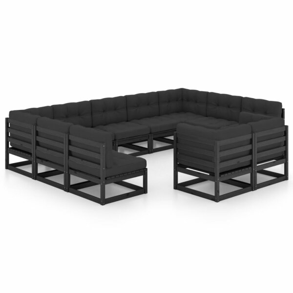 vidaXL 11-tlg. Garten-Lounge-Set mit Kissen Schwarz Massivholz Kiefer