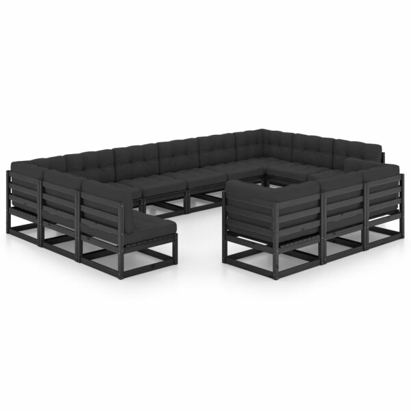 vidaXL 13-tlg. Garten-Lounge-Set mit Kissen Schwarz Massivholz Kiefer