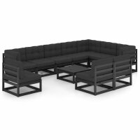 vidaXL 11-tlg. Garten-Lounge-Set mit Kissen Schwarz Kiefer Massivholz