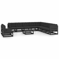 vidaXL 11-tlg. Garten-Lounge-Set mit Kissen Schwarz Kiefer Massivholz