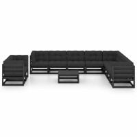 vidaXL 11-tlg. Garten-Lounge-Set mit Kissen Schwarz Kiefer Massivholz