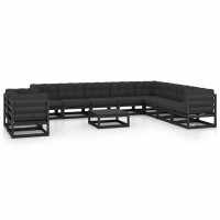 vidaXL 11-tlg. Garten-Lounge-Set mit Kissen Schwarz Kiefer Massivholz