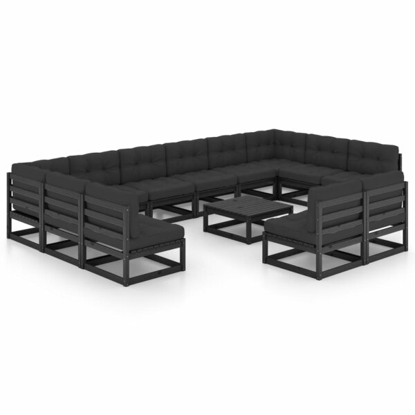 vidaXL 13-tlg. Garten-Lounge-Set mit Kissen Schwarz Massivholz Kiefer