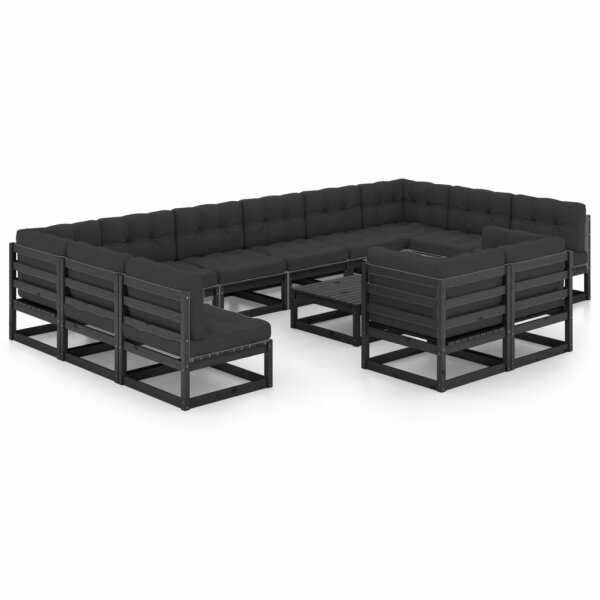 vidaXL 13-tlg. Garten-Lounge-Set mit Kissen Schwarz Massivholz Kiefer