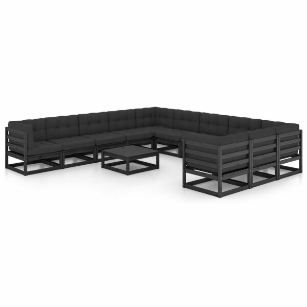 vidaXL 12-tlg. Garten-Lounge-Set mit Kissen Schwarz Kiefer Massivholz