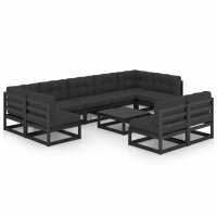 vidaXL 10-tlg. Garten-Lounge-Set mit Kissen Schwarz Kiefer Massivholz