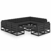 vidaXL 12-tlg. Garten-Lounge-Set mit Kissen Schwarz Kiefer Massivholz