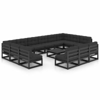 vidaXL 14-tlg. Garten-Lounge-Set mit Kissen Schwarz Kiefer Massivholz