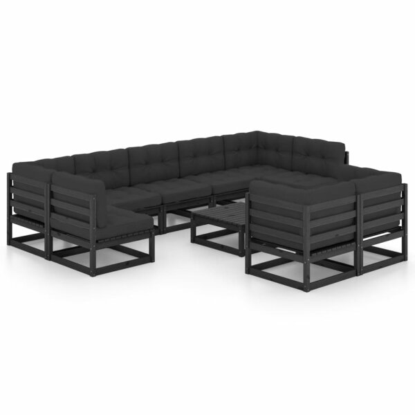 vidaXL 10-tlg. Garten-Lounge-Set mit Kissen Schwarz Kiefer Massivholz