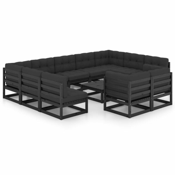 vidaXL 12-tlg. Garten-Lounge-Set mit Kissen Schwarz Kiefer Massivholz