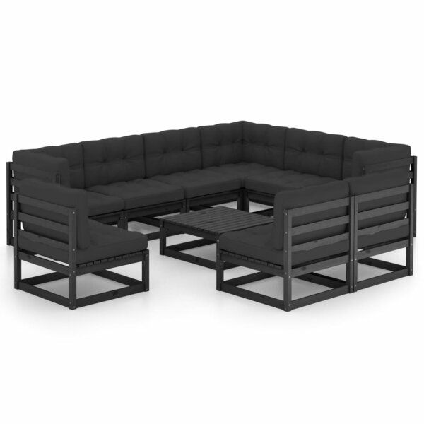 vidaXL 10-tlg. Garten-Lounge-Set mit Kissen Schwarz Kiefer Massivholz