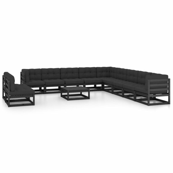 vidaXL 12-tlg. Garten-Lounge-Set mit Kissen Schwarz Kiefer Massivholz