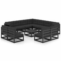 vidaXL 12-tlg. Garten-Lounge-Set mit Kissen Schwarz Kiefer Massivholz