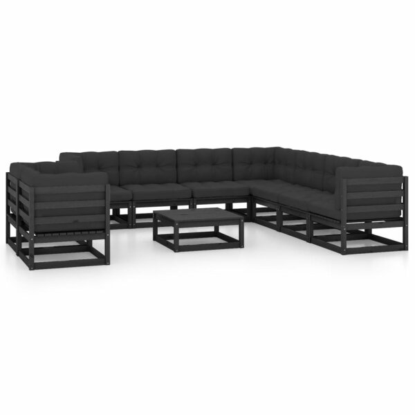 vidaXL 10-tlg. Garten-Lounge-Set mit Kissen Schwarz Kiefer Massivholz