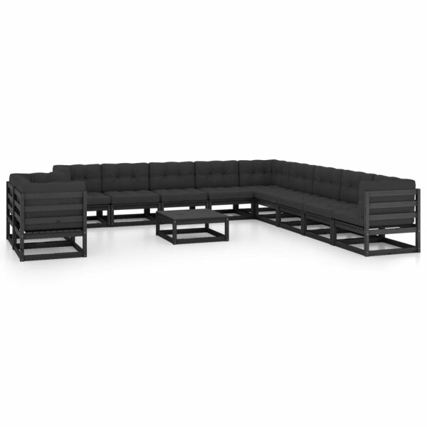 vidaXL 12-tlg. Garten-Lounge-Set mit Kissen Schwarz Kiefer Massivholz