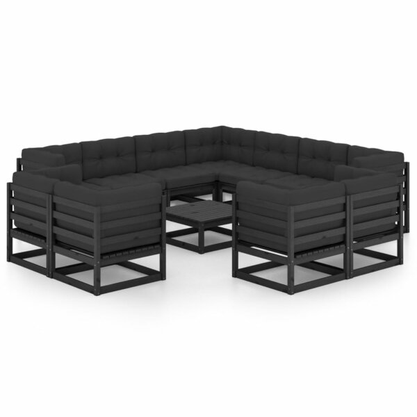 vidaXL 12-tlg. Garten-Lounge-Set mit Kissen Schwarz Kiefer Massivholz