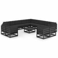 vidaXL 14-tlg. Garten-Lounge-Set mit Kissen Schwarz Kiefer Massivholz