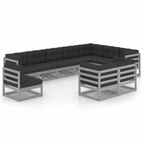 vidaXL 10-tlg. Garten-Lounge-Set mit Kissen Grau Kiefer Massivholz