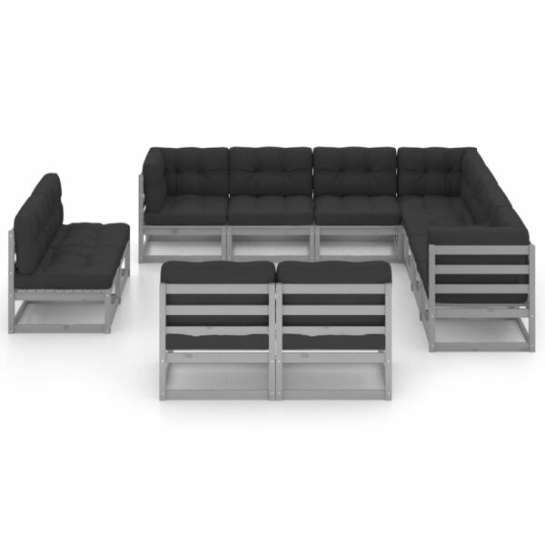 vidaXL 11-tlg. Garten-Lounge-Set mit Kissen Grau Kiefer Massivholz