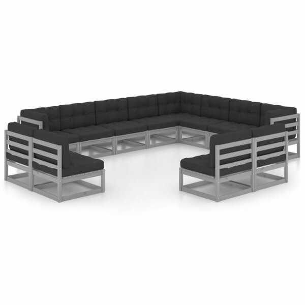 vidaXL 12-tlg. Garten-Lounge-Set mit Kissen Grau Kiefer Massivholz