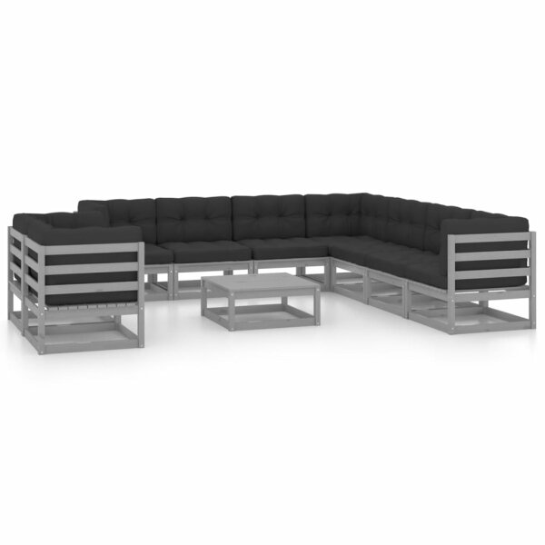 vidaXL 10-tlg. Garten-Lounge-Set mit Kissen Grau Kiefer Massivholz