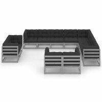 vidaXL 12-tlg. Garten-Lounge-Set mit Kissen Grau Kiefer Massivholz