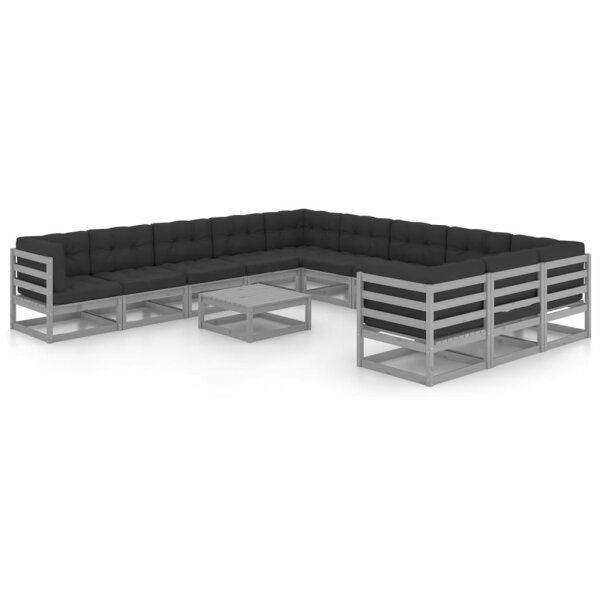 vidaXL 12-tlg. Garten-Lounge-Set mit Kissen Grau Kiefer Massivholz