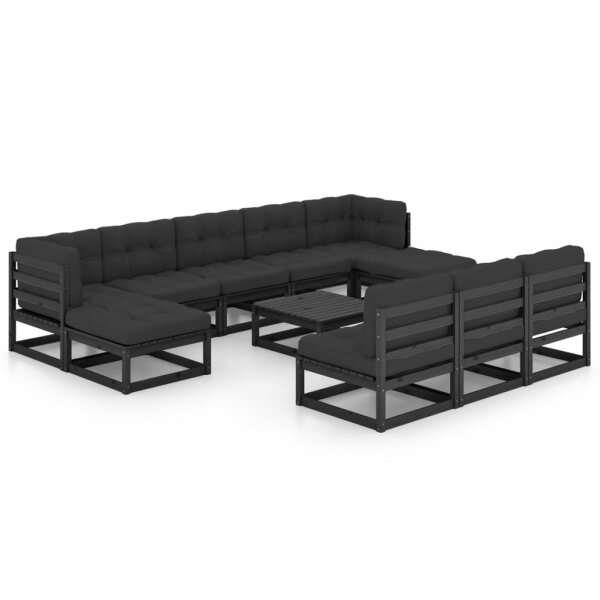 vidaXL 11-tlg. Garten-Lounge-Set mit Kissen Schwarz Kiefer Massivholz