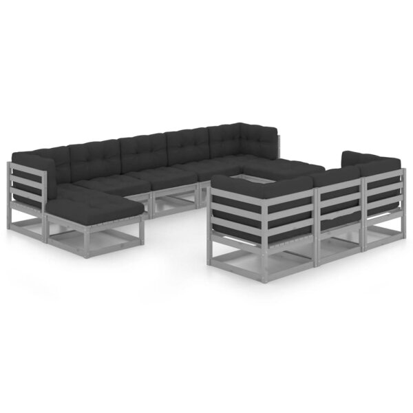 vidaXL 10-tlg. Garten-Lounge-Set mit Kissen Grau Kiefer Massivholz