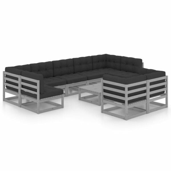 vidaXL 10-tlg. Garten-Lounge-Set mit Kissen Grau Kiefer Massivholz