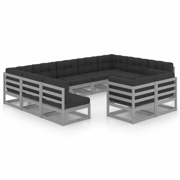 vidaXL 11-tlg. Garten-Lounge-Set mit Kissen Grau Kiefer Massivholz