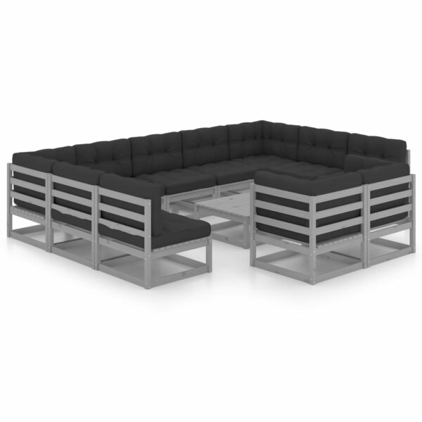 vidaXL 12-tlg. Garten-Lounge-Set mit Kissen Grau Kiefer Massivholz