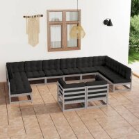 vidaXL 12-tlg. Garten-Lounge-Set mit Kissen Grau Kiefer Massivholz