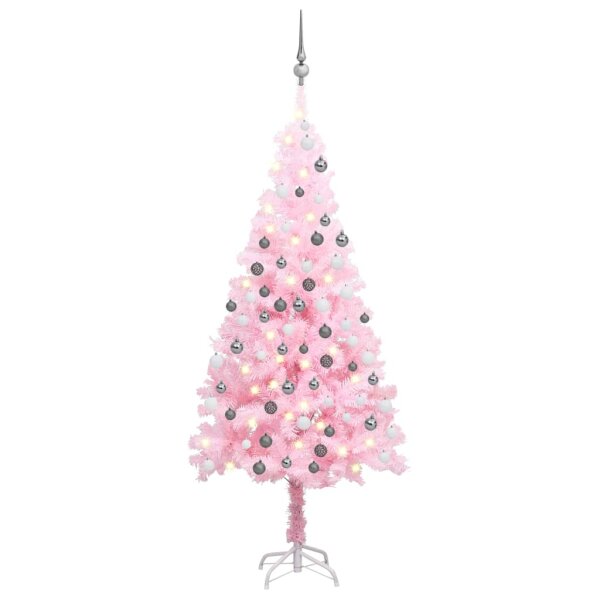 vidaXL K&uuml;nstlicher Weihnachtsbaum mit LEDs &amp; Kugeln Rosa 150 cm PVC