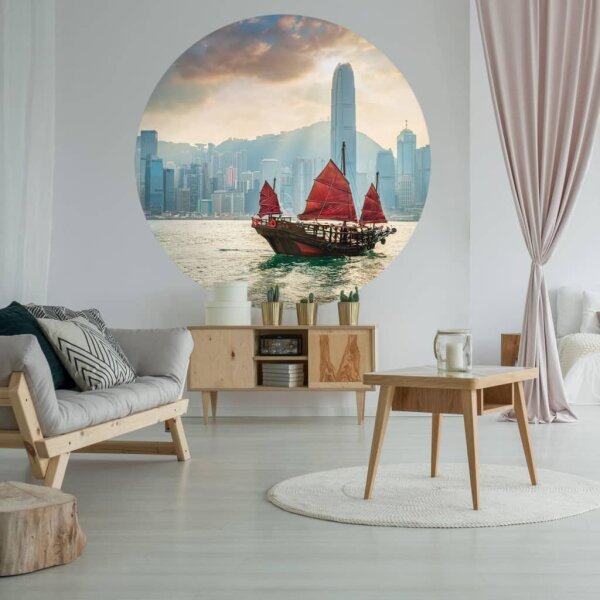 WallArt Fototapete Skyline with Junk Boat Rund 142,5 cm