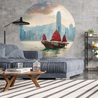 WallArt Fototapete Skyline with Junk Boat Rund 142,5 cm