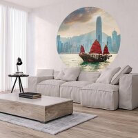 WallArt Fototapete Skyline with Junk Boat Rund 142,5 cm