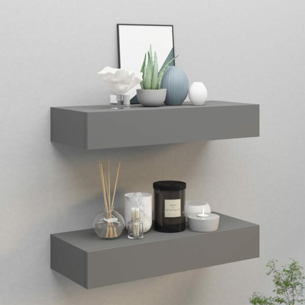 vidaXL Wand-Schubladenregale 2 Stk. Grau 60x23,5x10 cm MDF