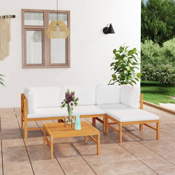 vidaXL 5-tlg. Garten-Lounge-Set mit Creme Kissen Massivholz Teak