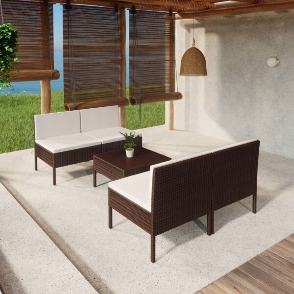 vidaXL 5-tlg. Garten-Lounge-Set mit Auflagen Poly Rattan Braun