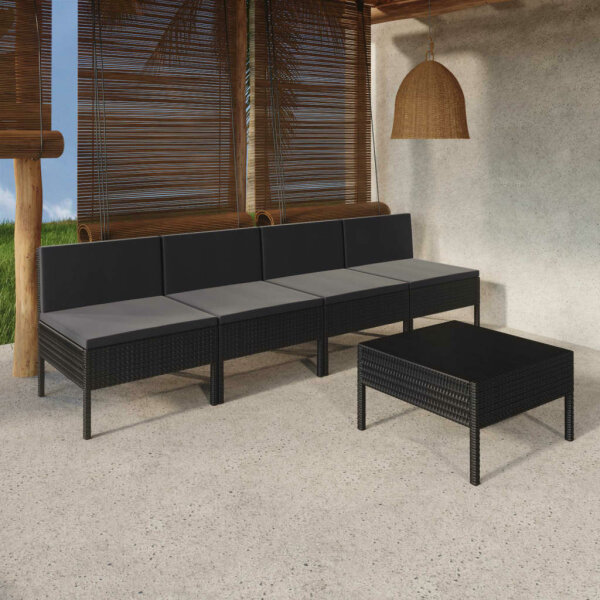 vidaXL 5-tlg. Garten-Lounge-Set mit Auflagen Poly Rattan Schwarz